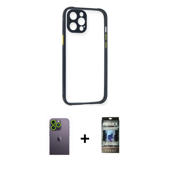 MARSİLYAN™- iPhone 12 Pro Kılıf Nova Asil Özel Seri - Siyah 34D Hayalet Izgaralı Cam + Neon Fosforlu Kamera Lens - YL