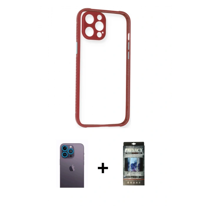 MARSİLYAN™- iPhone 12 Pro Kılıf Nova Asil Özel Seri - Siyah 34D Hayalet Izgaralı Cam + Neon Fosforlu Kamera Lens - MI