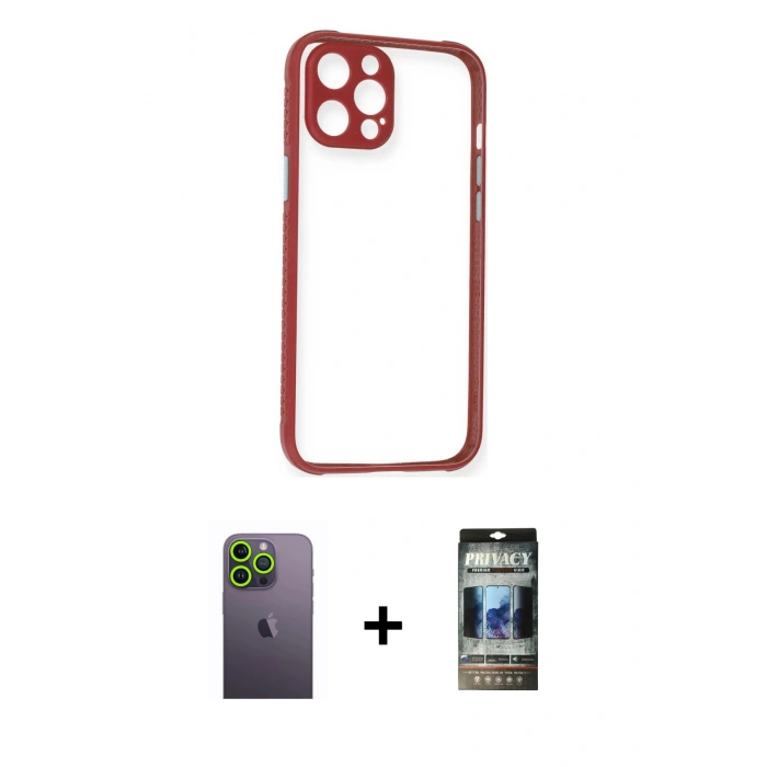 MARSİLYAN™- iPhone 12 Pro Kılıf Nova Asil Özel Seri - Siyah 34D Hayalet Izgaralı Cam + Neon Fosforlu Kamera Lens - YL