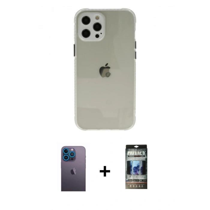 MARSİLYAN™- iPhone 12 Pro Kılıf Nova Asil Özel Seri - Siyah 34D Hayalet Izgaralı Cam + Neon Fosforlu Kamera Lens - MI