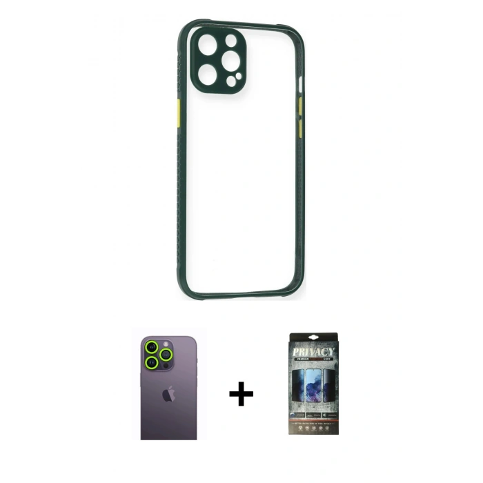 MARSİLYAN™- iPhone 12 Pro Kılıf Nova Asil Özel Seri - Siyah 34D Hayalet Izgaralı Cam + Neon Fosforlu Kamera Lens - YL