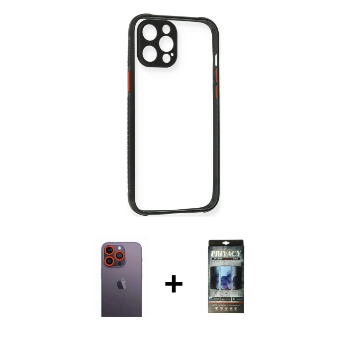 MARSİLYAN™- iPhone 12 Pro Kılıf Nova Asil Özel Seri - Siyah 34D Hayalet Izgaralı Cam + Neon Fosforlu Kamera Lens - TU