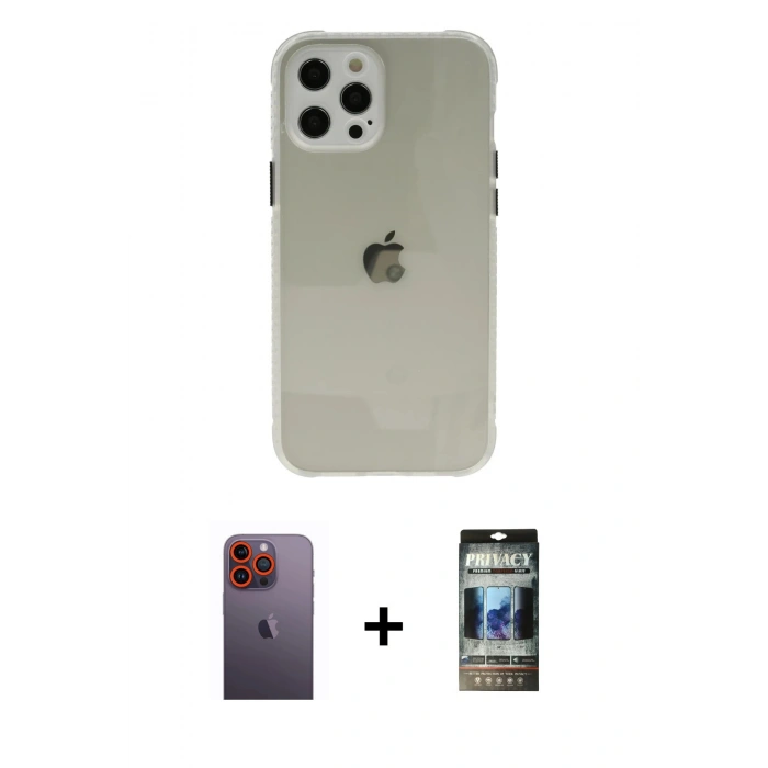 MARSİLYAN™- iPhone 12 Pro Kılıf Nova Asil Özel Seri - Siyah 34D Hayalet Izgaralı Cam + Neon Fosforlu Kamera Lens - TU