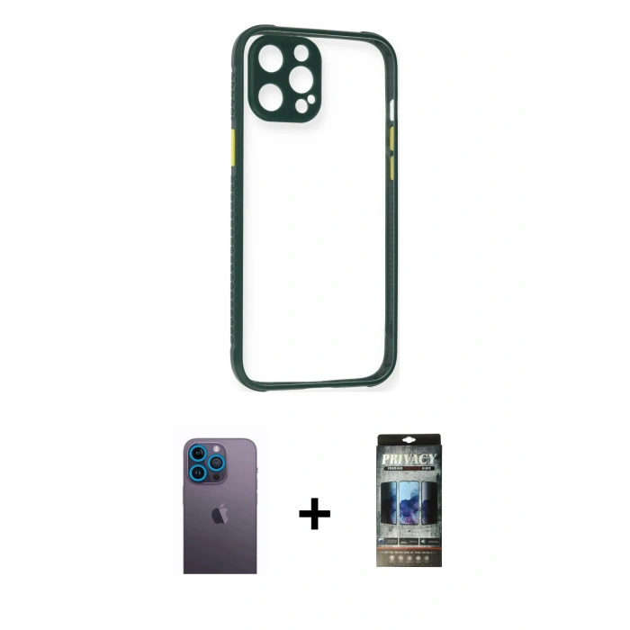 MARSİLYAN™- iPhone 12 Pro Kılıf Nova Asil Özel Seri - Siyah 34D Hayalet Izgaralı Cam + Neon Fosforlu Kamera Lens - MI