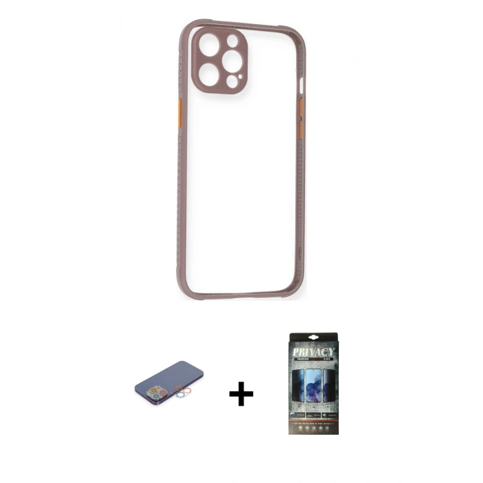 MARSİLYAN™- iPhone 12 Pro Kılıf Nova Asil Özel Seri - Siyah 34D Hayalet Izgaralı Cam + Renkli Kamera Lens Koruma Cam - PE