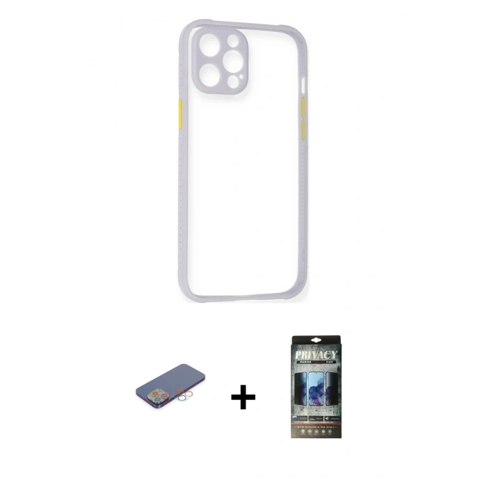 MARSİLYAN™- iPhone 12 Pro Kılıf Nova Asil Özel Seri - Siyah 34D Hayalet Izgaralı Cam + Renkli Kamera Lens Koruma Cam - PE