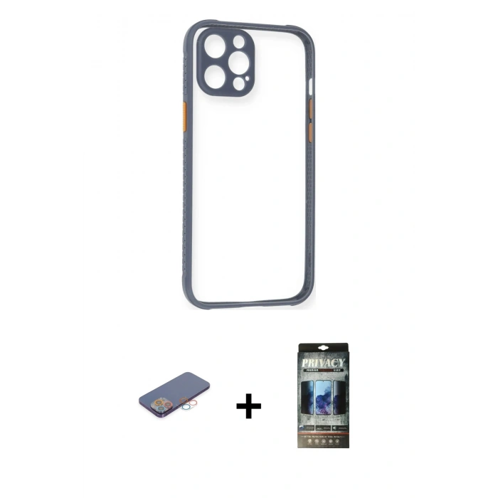 MARSİLYAN™- iPhone 12 Pro Kılıf Nova Asil Özel Seri - Siyah 34D Hayalet Izgaralı Cam + Renkli Kamera Lens Koruma Cam - PE