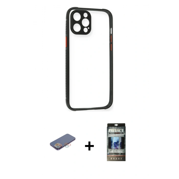 MARSİLYAN™- iPhone 12 Pro Kılıf Nova Asil Özel Seri - Siyah 34D Hayalet Izgaralı Cam + Renkli Kamera Lens Koruma Cam - PE