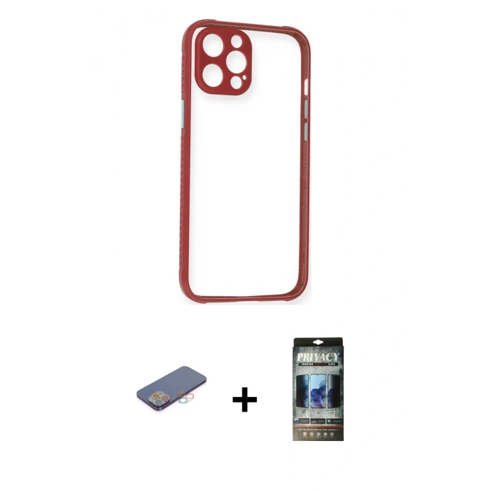 MARSİLYAN™- iPhone 12 Pro Kılıf Nova Asil Özel Seri - Siyah 34D Hayalet Izgaralı Cam + Renkli Kamera Lens Koruma Cam - PE