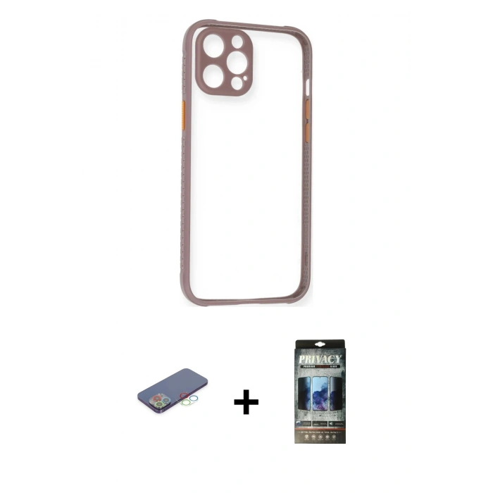 MARSİLYAN™- iPhone 12 Pro Kılıf Nova Asil Özel Seri - Siyah 34D Hayalet Izgaralı Cam + Renkli Kamera Lens Koruma Cam - MI
