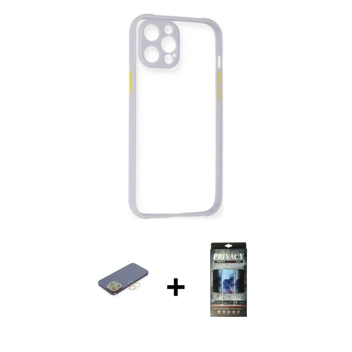 MARSİLYAN™- iPhone 12 Pro Kılıf Nova Asil Özel Seri - Siyah 34D Hayalet Izgaralı Cam + Renkli Kamera Lens Koruma Cam - SI