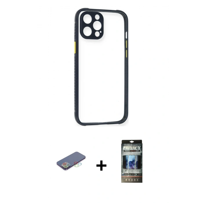 MARSİLYAN™- iPhone 12 Pro Kılıf Nova Asil Özel Seri - Siyah 34D Hayalet Izgaralı Cam + Renkli Kamera Lens Koruma Cam - MI