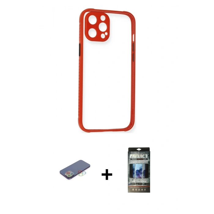 MARSİLYAN™- iPhone 12 Pro Kılıf Nova Asil Özel Seri - Siyah 34D Hayalet Izgaralı Cam + Renkli Kamera Lens Koruma Cam - MI