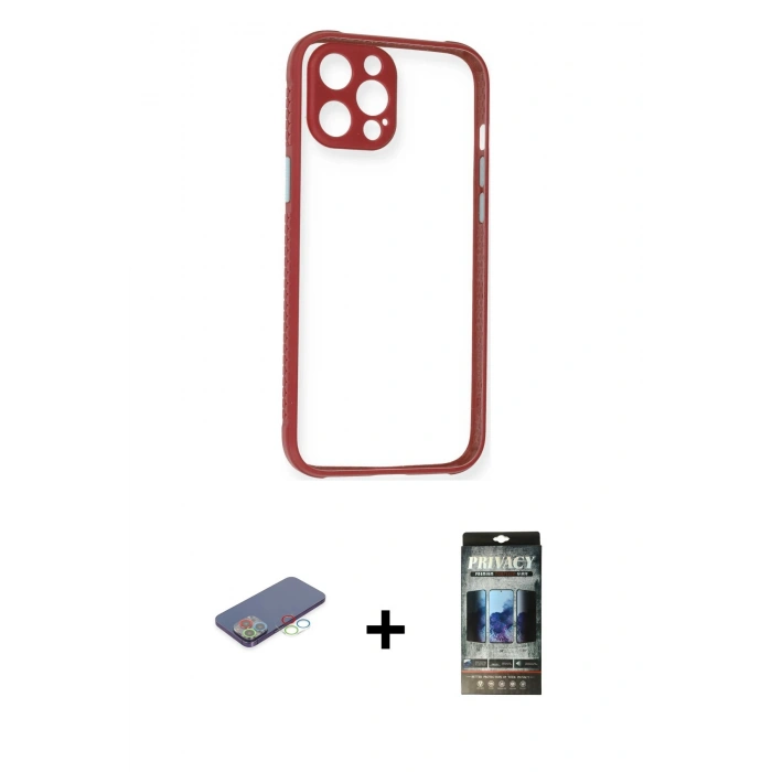MARSİLYAN™- iPhone 12 Pro Kılıf Nova Asil Özel Seri - Siyah 34D Hayalet Izgaralı Cam + Renkli Kamera Lens Koruma Cam - MI