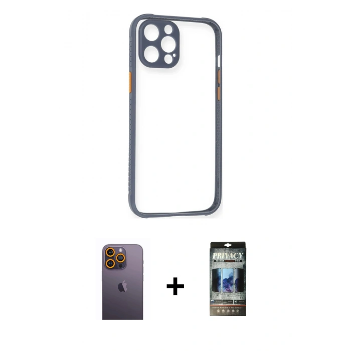 MARSİLYAN™- iPhone 12 Pro Kılıf Nova Asil Özel Seri - Siyah 34D Hayalet Izgaralı Cam + Neon Fosforlu Kamera Lens - SI