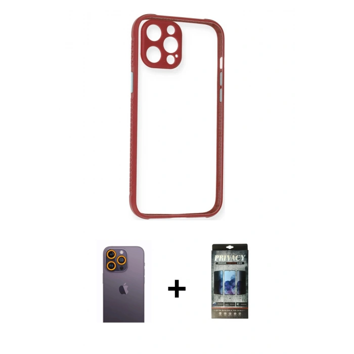 MARSİLYAN™- iPhone 12 Pro Kılıf Nova Asil Özel Seri - Siyah 34D Hayalet Izgaralı Cam + Neon Fosforlu Kamera Lens - SI