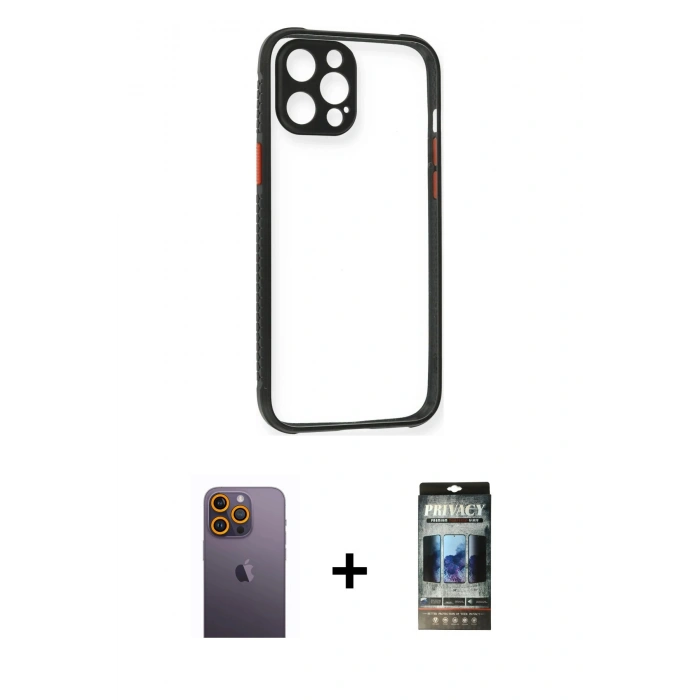 MARSİLYAN™- iPhone 12 Pro Kılıf Nova Asil Özel Seri - Siyah 34D Hayalet Izgaralı Cam + Neon Fosforlu Kamera Lens - SI