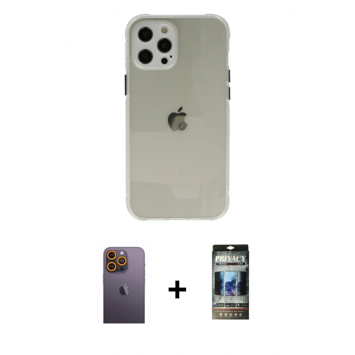 MARSİLYAN™- iPhone 12 Pro Kılıf Nova Asil Özel Seri - Siyah 34D Hayalet Izgaralı Cam + Neon Fosforlu Kamera Lens - SI