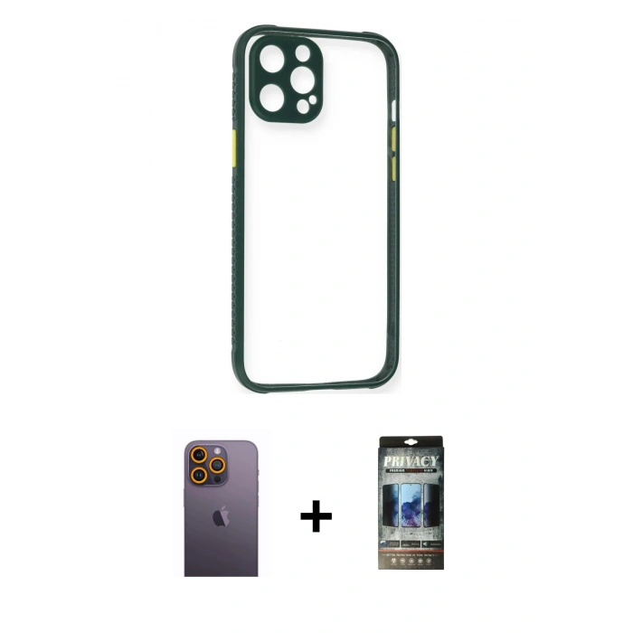 MARSİLYAN™- iPhone 12 Pro Kılıf Nova Asil Özel Seri - Siyah 34D Hayalet Izgaralı Cam + Neon Fosforlu Kamera Lens - SI