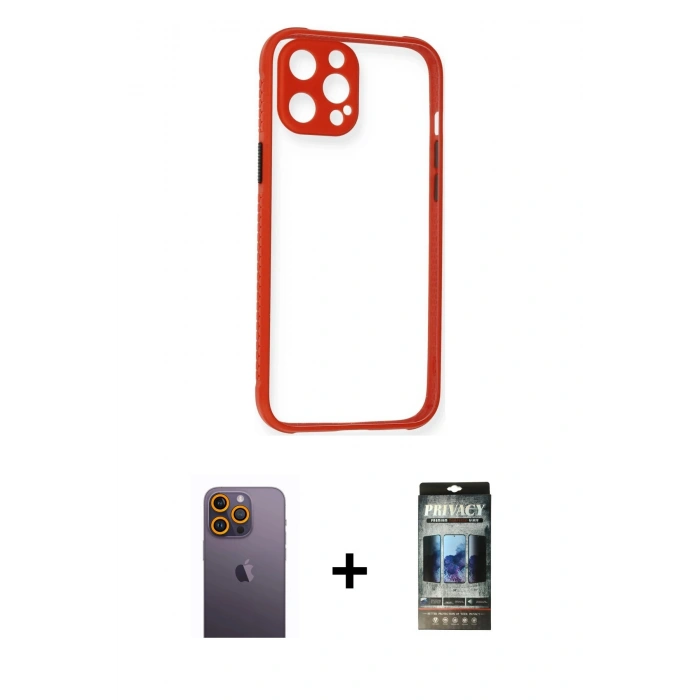 MARSİLYAN™- iPhone 12 Pro Kılıf Nova Asil Özel Seri - Siyah 34D Hayalet Izgaralı Cam + Neon Fosforlu Kamera Lens - SI