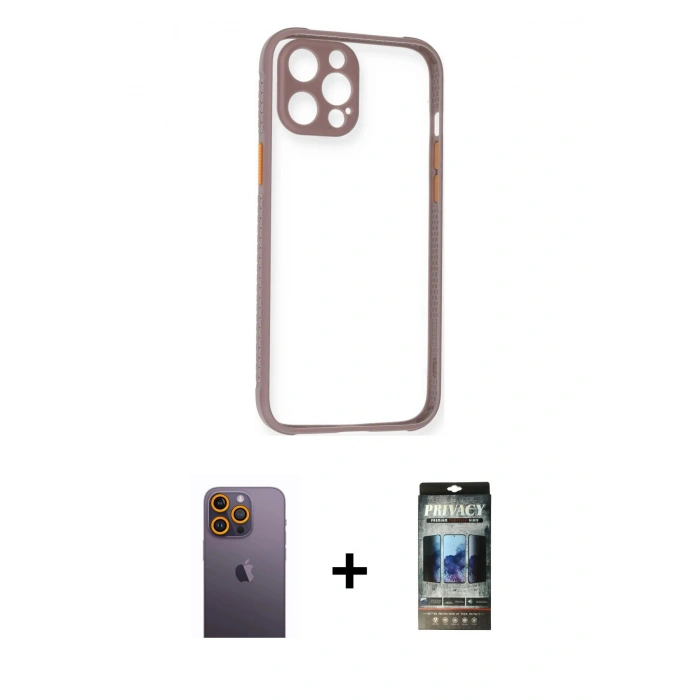 MARSİLYAN™- iPhone 12 Pro Kılıf Nova Asil Özel Seri - Siyah 34D Hayalet Izgaralı Cam + Neon Fosforlu Kamera Lens - SI
