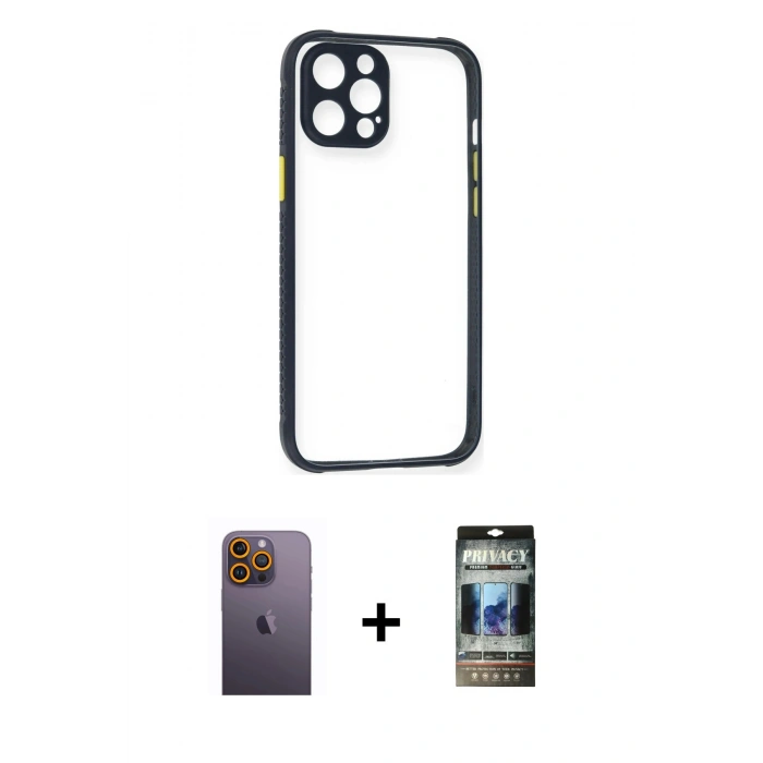 MARSİLYAN™- iPhone 12 Pro Kılıf Nova Asil Özel Seri - Siyah 34D Hayalet Izgaralı Cam + Neon Fosforlu Kamera Lens - SI