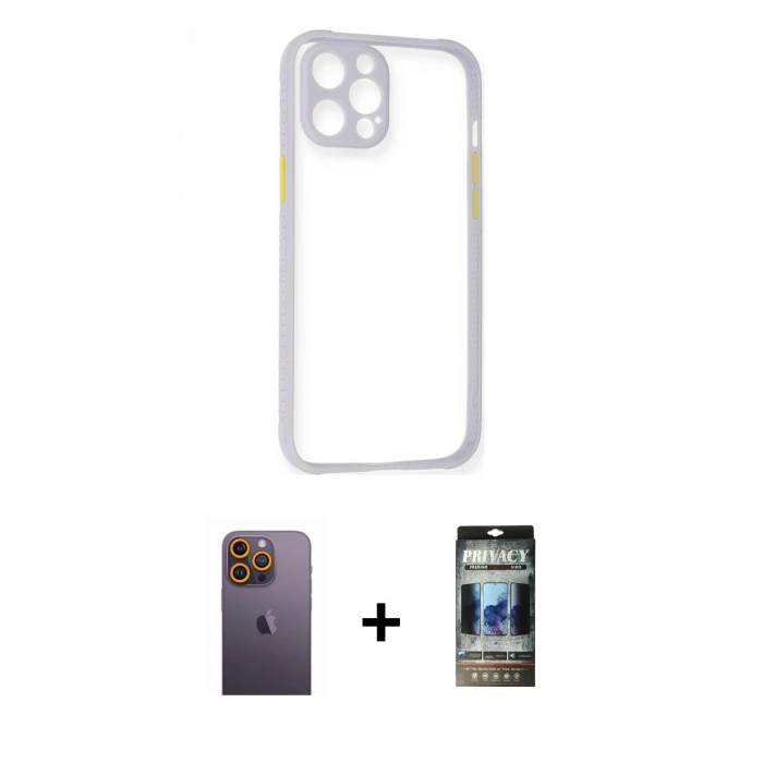 MARSİLYAN™- iPhone 12 Pro Kılıf Nova Asil Özel Seri - Siyah 34D Hayalet Izgaralı Cam + Neon Fosforlu Kamera Lens - SI