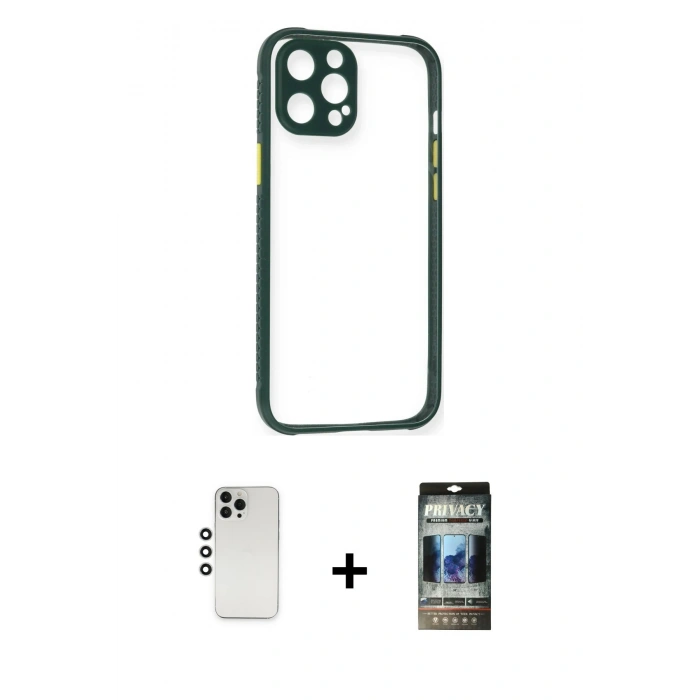 MARSİLYAN™- iPhone 12 Pro Kılıf Nova Asil Özel Seri - Siyah 34D Hayalet Izgaralı Cam + Shine Kamera Lens - GS