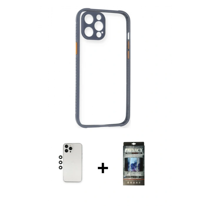 MARSİLYAN™- iPhone 12 Pro Kılıf Nova Asil Özel Seri - Siyah 34D Hayalet Izgaralı Cam + Shine Kamera Lens - GS