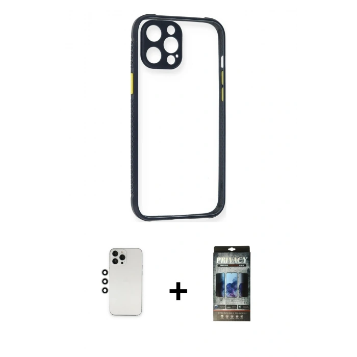 MARSİLYAN™- iPhone 12 Pro Kılıf Nova Asil Özel Seri - Siyah 34D Hayalet Izgaralı Cam + Shine Kamera Lens - GS