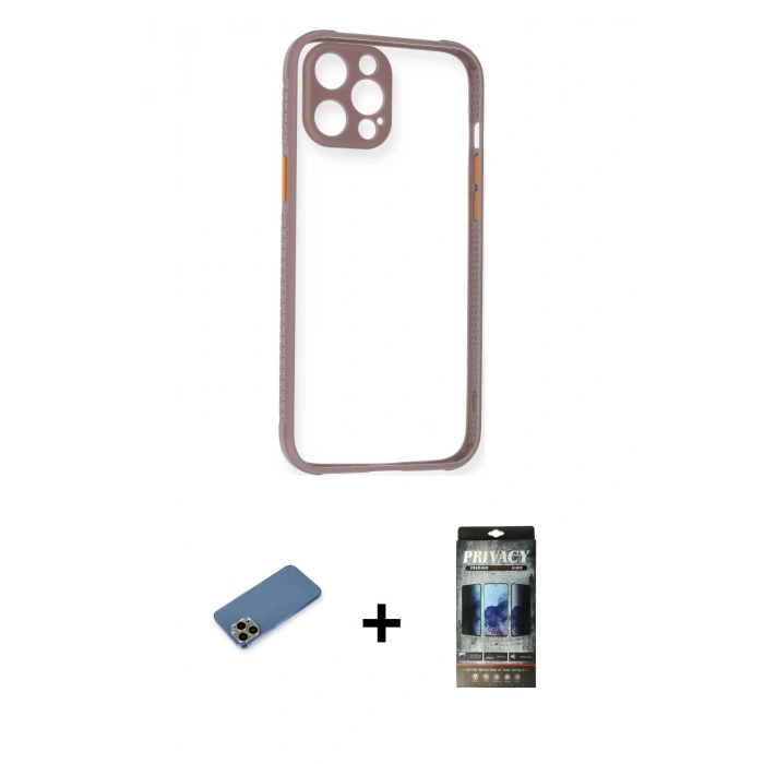 MARSİLYAN™- iPhone 12 Pro Kılıf Nova Asil Özel Seri - Siyah 34D Hayalet Izgaralı Cam + Shine Kamera Lens Koruma Cam - GD