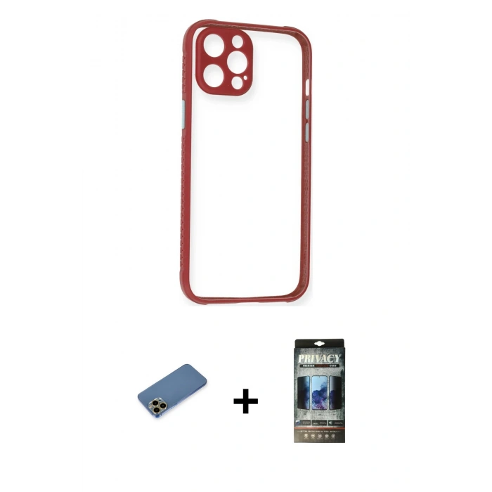 MARSİLYAN™- iPhone 12 Pro Kılıf Nova Asil Özel Seri - Siyah 34D Hayalet Izgaralı Cam + Shine Kamera Lens Koruma Cam - GD