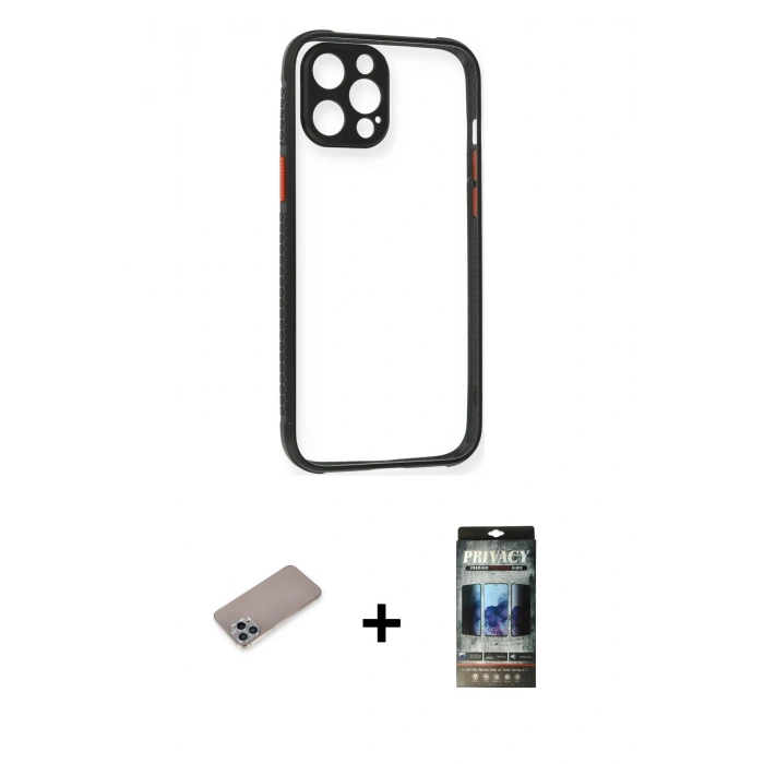 MARSİLYAN™- iPhone 12 Pro Kılıf Nova Asil Özel Seri - Siyah 34D Hayalet Izgaralı Cam + Shine Kamera Lens Koruma Cam - SABE