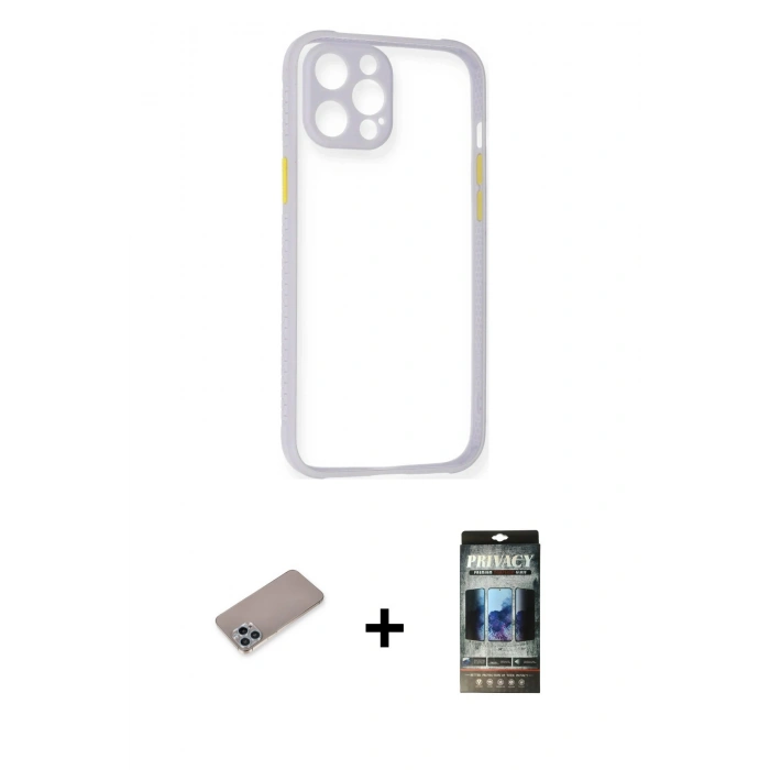 MARSİLYAN™- iPhone 12 Pro Kılıf Nova Asil Özel Seri - Siyah 34D Hayalet Izgaralı Cam + Shine Kamera Lens Koruma Cam - SABE
