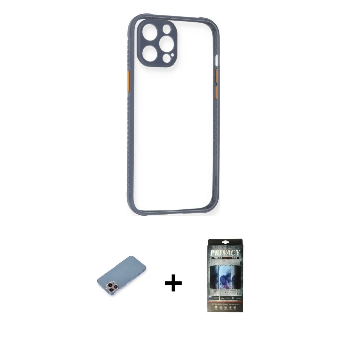 MARSİLYAN™- iPhone 12 Pro Kılıf Nova Asil Özel Seri - Siyah 34D Hayalet Izgaralı Cam + Shine Kamera Lens Koruma Cam - PE