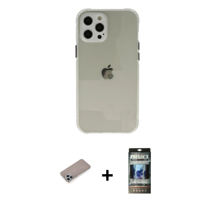 MARSİLYAN™- iPhone 12 Pro Kılıf Nova Asil Özel Seri - Siyah 34D Hayalet Izgaralı Cam + Shine Kamera Lens Koruma Cam - SABE