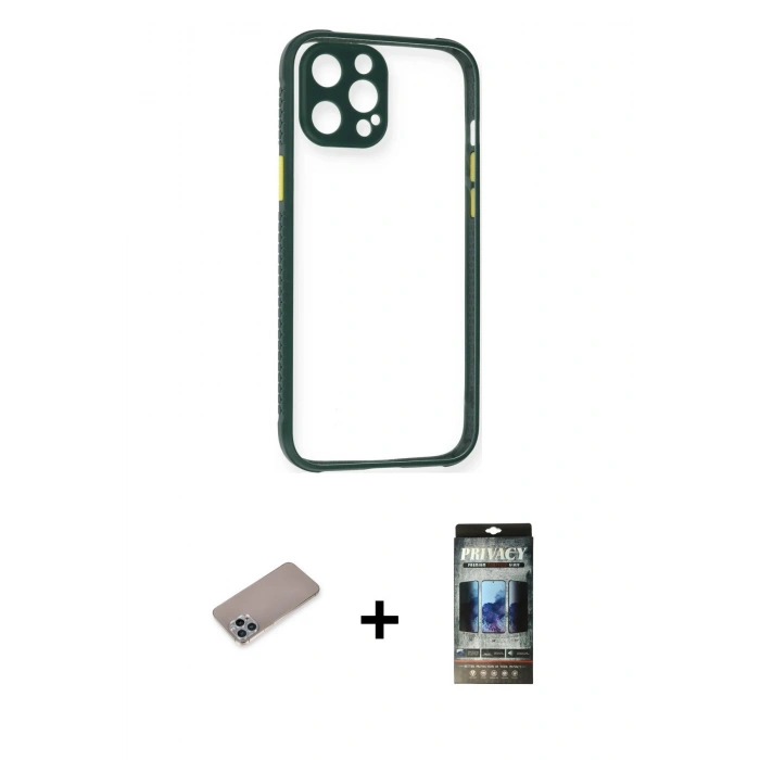 MARSİLYAN™- iPhone 12 Pro Kılıf Nova Asil Özel Seri - Siyah 34D Hayalet Izgaralı Cam + Shine Kamera Lens Koruma Cam - SABE