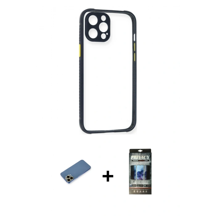 MARSİLYAN™- iPhone 12 Pro Kılıf Nova Asil Özel Seri - Siyah 34D Hayalet Izgaralı Cam + Shine Kamera Lens Koruma Cam - GD