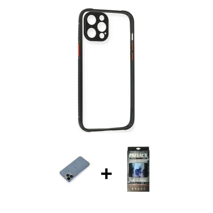 MARSİLYAN™- iPhone 12 Pro Kılıf Nova Asil Özel Seri - Siyah 34D Hayalet Izgaralı Cam + Siyah Shine Kamera Lens Koruma Cam