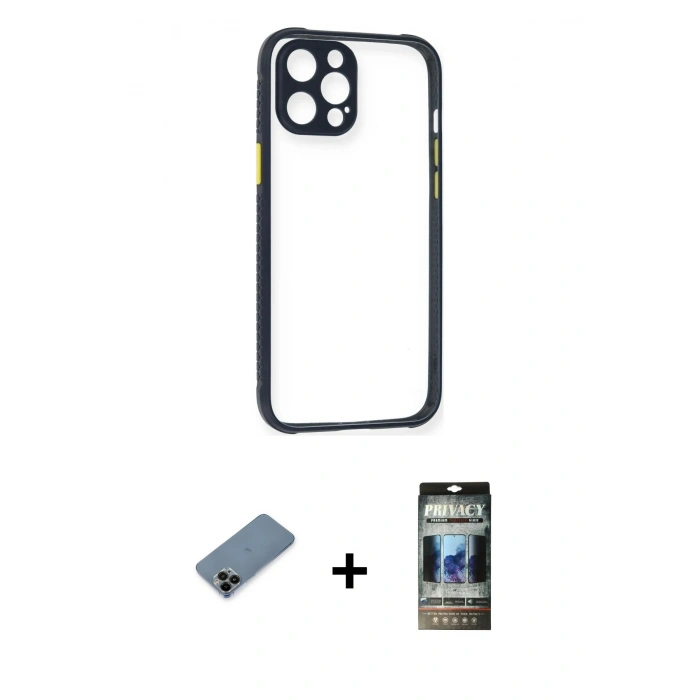 MARSİLYAN™- iPhone 12 Pro Kılıf Nova Asil Özel Seri - Siyah 34D Hayalet Izgaralı Cam + Siyah Shine Kamera Lens Koruma Cam