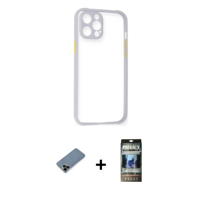 MARSİLYAN™- iPhone 12 Pro Kılıf Nova Asil Özel Seri - Siyah 34D Hayalet Izgaralı Cam + Siyah Shine Kamera Lens Koruma Cam
