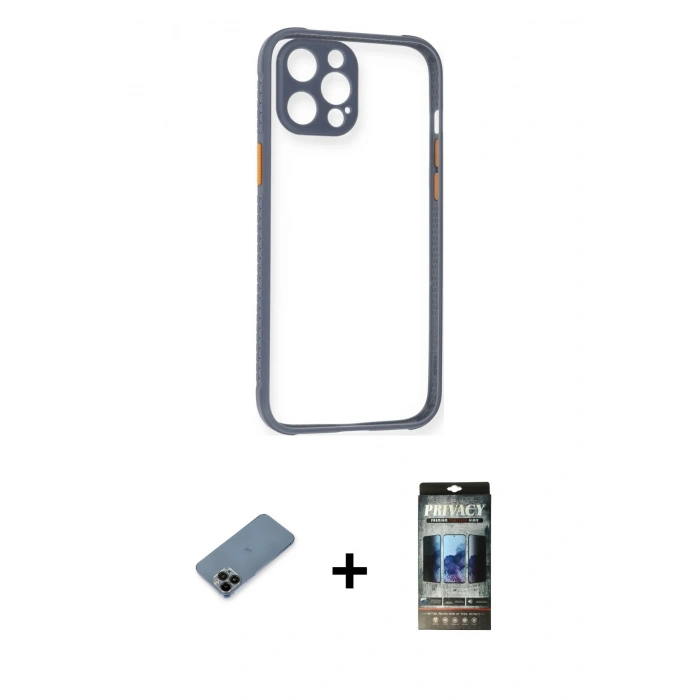 MARSİLYAN™- iPhone 12 Pro Kılıf Nova Asil Özel Seri - Siyah 34D Hayalet Izgaralı Cam + Siyah Shine Kamera Lens Koruma Cam