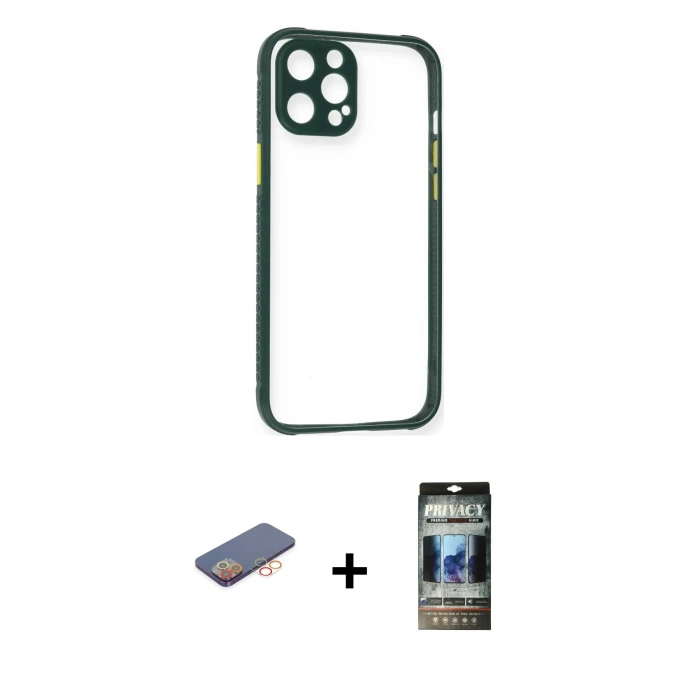 MARSİLYAN™- iPhone 12 Pro Kılıf Nova Asil Özel Seri - Siyah 34D Hayalet Izgaralı Cam + Renkli Kamera Lens Koruma Cam - TU