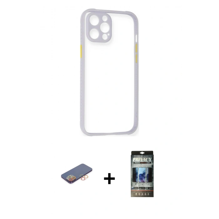 MARSİLYAN™- iPhone 12 Pro Kılıf Nova Asil Özel Seri - Siyah 34D Hayalet Izgaralı Cam + Renkli Kamera Lens Koruma Cam - TU