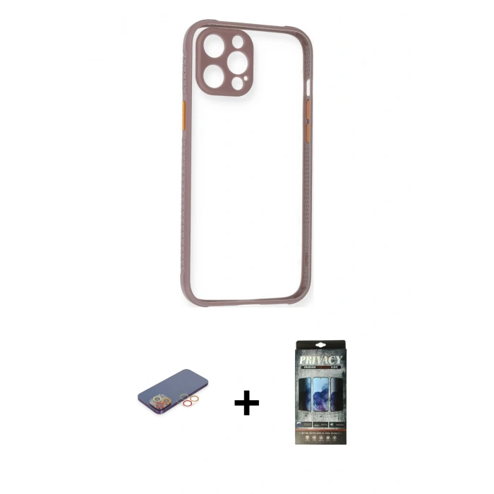 MARSİLYAN™- iPhone 12 Pro Kılıf Nova Asil Özel Seri - Siyah 34D Hayalet Izgaralı Cam + Renkli Kamera Lens Koruma Cam - TU