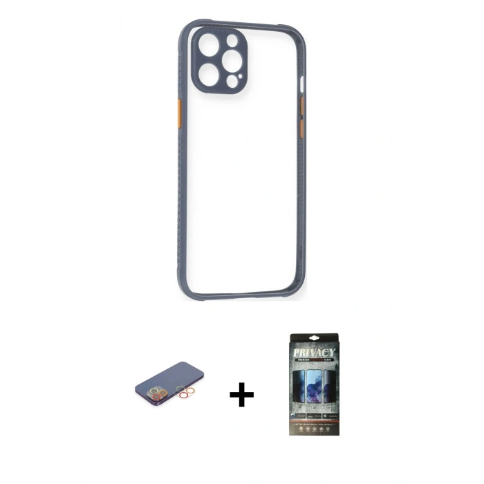 MARSİLYAN™- iPhone 12 Pro Kılıf Nova Asil Özel Seri - Siyah 34D Hayalet Izgaralı Cam + Renkli Kamera Lens Koruma Cam - TU