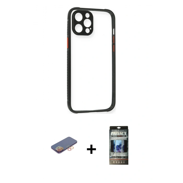 MARSİLYAN™- iPhone 12 Pro Kılıf Nova Asil Özel Seri - Siyah 34D Hayalet Izgaralı Cam + Renkli Kamera Lens Koruma Cam - TU
