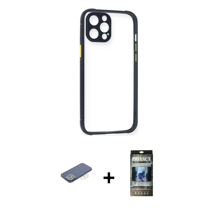 MARSİLYAN™- iPhone 12 Pro Kılıf Nova Asil Özel Seri - Siyah 34D Hayalet Izgaralı Cam + Yeşil Renkli Kamera Lens Koruma Cam