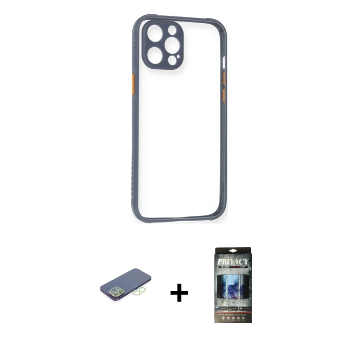 MARSİLYAN™- iPhone 12 Pro Kılıf Nova Asil Özel Seri - Siyah 34D Hayalet Izgaralı Cam + Yeşil Renkli Kamera Lens Koruma Cam