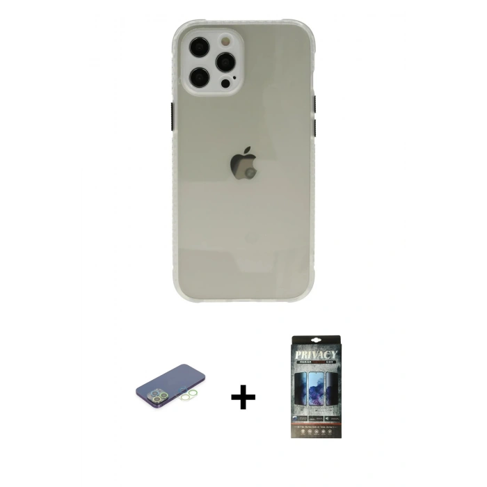 MARSİLYAN™- iPhone 12 Pro Kılıf Nova Asil Özel Seri - Siyah 34D Hayalet Izgaralı Cam + Yeşil Renkli Kamera Lens Koruma Cam